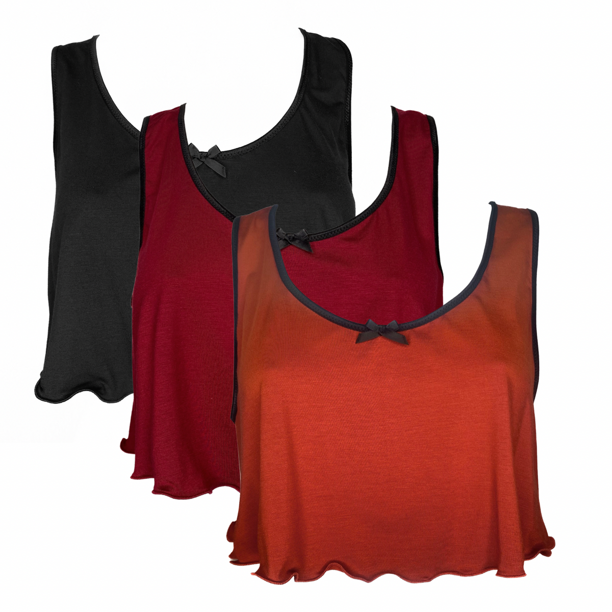 Cropped Camisole Trio - Cherry Red, Terracotta, & Black Bamboo